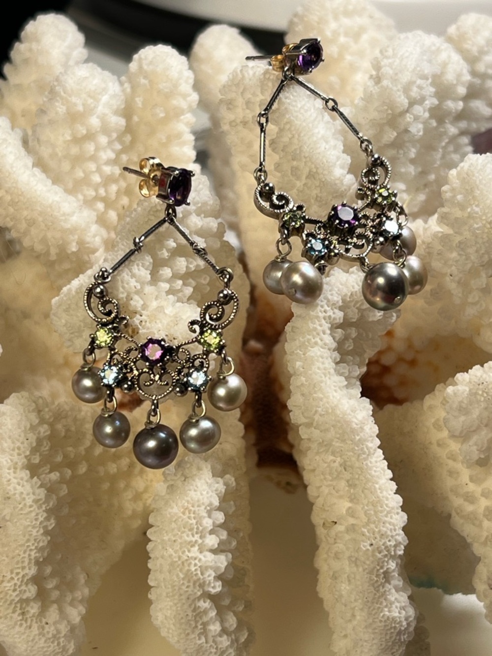 Vintage sterling silver Chandelier earrings w/intricate filigree accents, 11.5gm - Picture 5 of 10